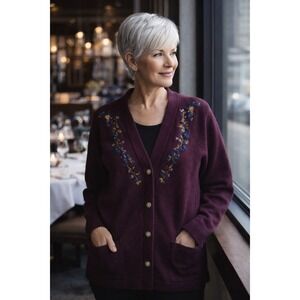 Vintage Hand Embroidered Plum Cardigan Lambswool Angora Large Cottagecore